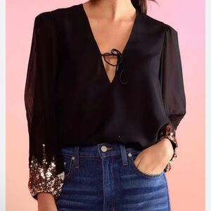 Cynthia Rowley Selene Black Silk Sequin Blouse NWT